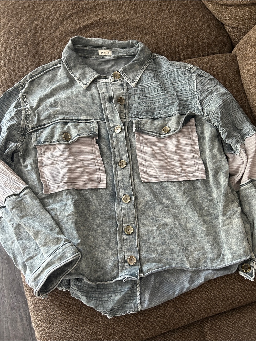 POL Washed Gray Jean Jacket with Textured Chest Pockets